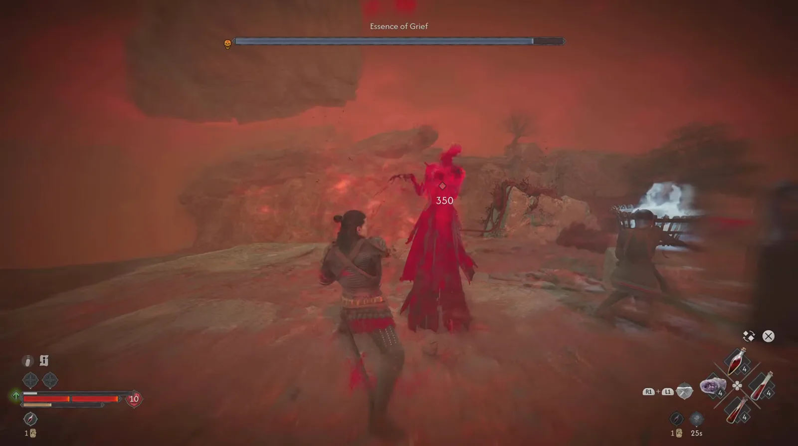 A white 350 damage number with a diamond target marker on the chest of the Essence of Grief as Coen swings at her back in The Blood of Dawnwalker