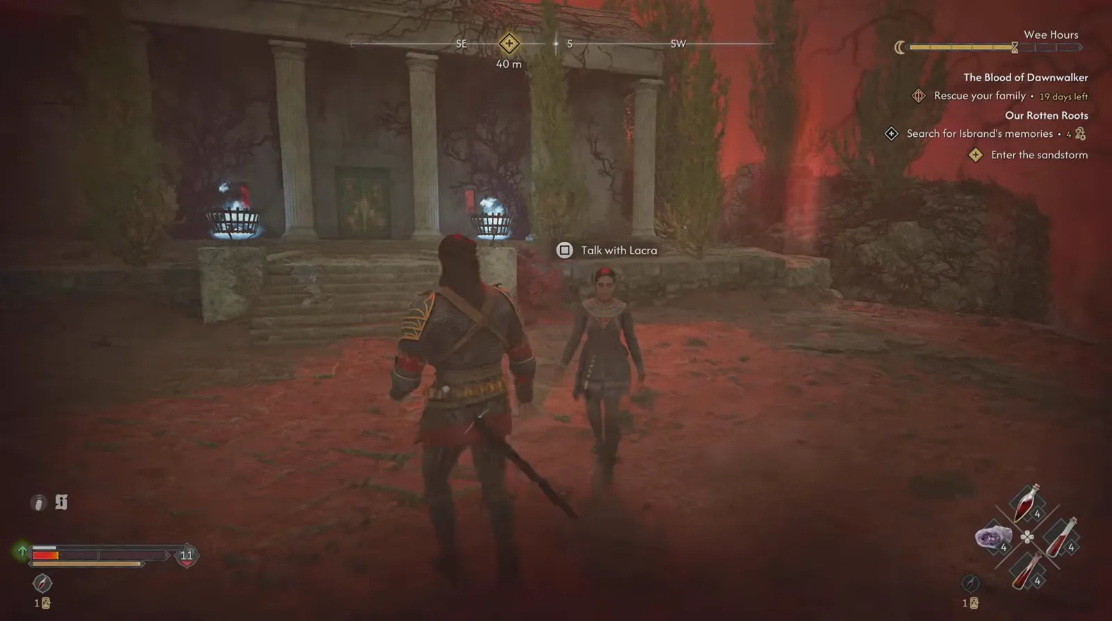 Talk with Lacra interaction prompt beside a columned ruin in The Blood of Dawnwalker with the Rescue your family and Search for Isbrand's memories objectives listed