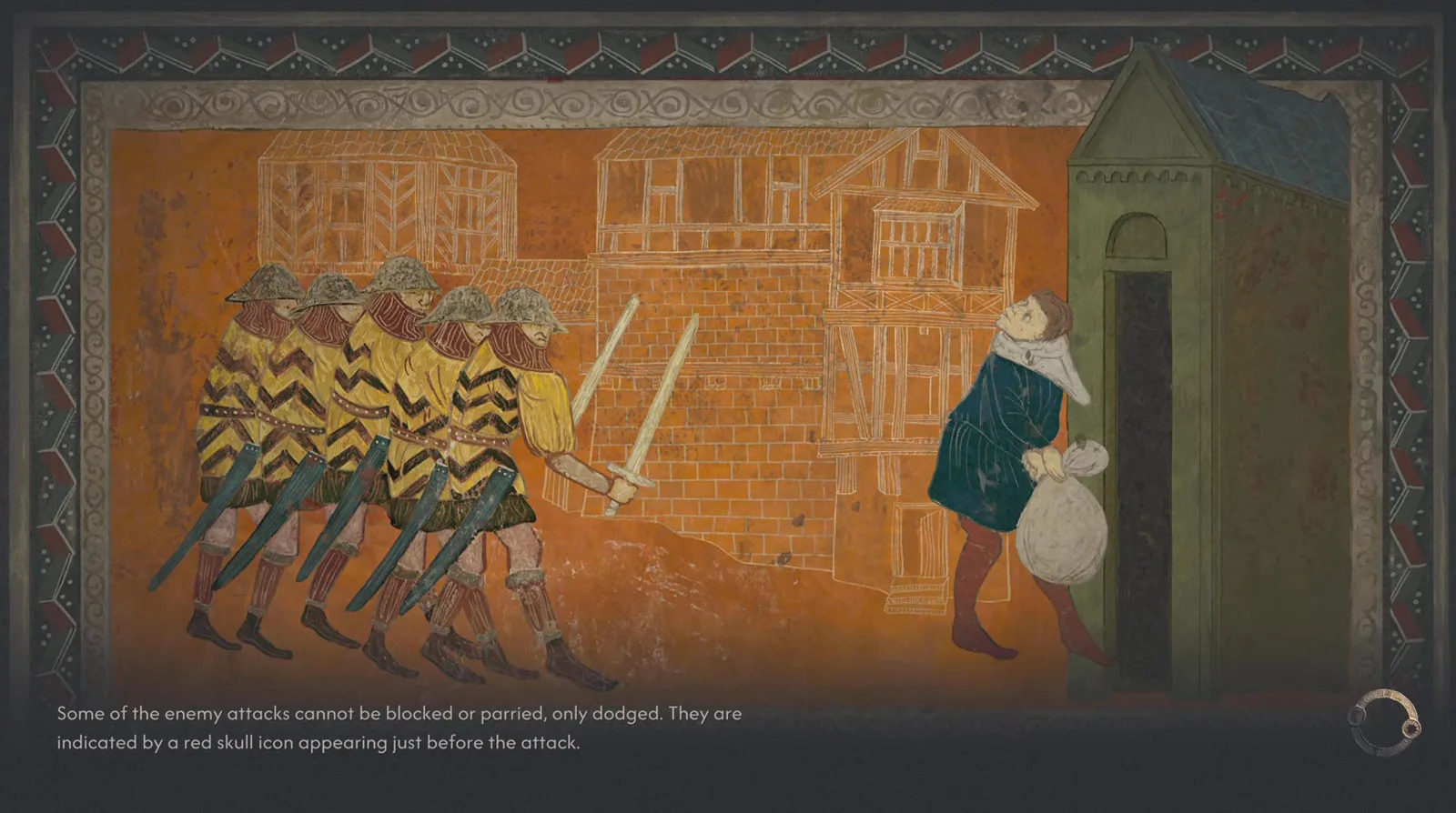 The Blood of Dawnwalker loading screen tapestry warning that some enemy attacks cannot be blocked or parried and are marked by a red skull icon just before they land