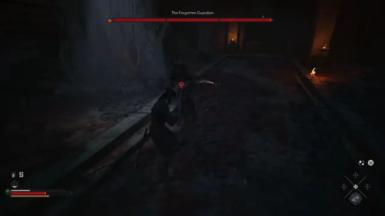 The opening of the Forgotten Guardian boss fight in The Blood of Dawnwalker with the three-segment 'The Forgotten Guardian' health bar and a red unblockable marker on the enemy