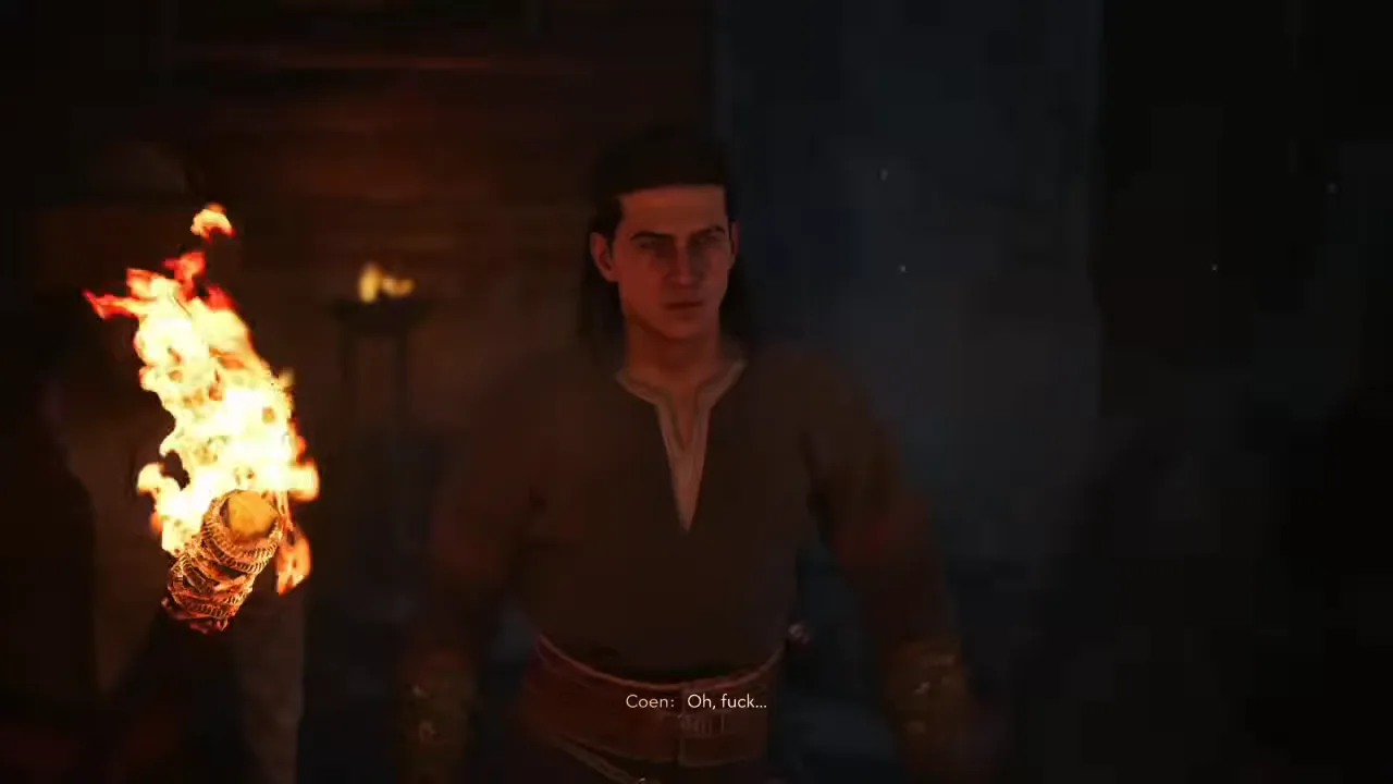 A pre-fight cutscene in The Blood of Dawnwalker showing the torch-lit tomb and the protagonist reacting before the Forgotten Guardian appears