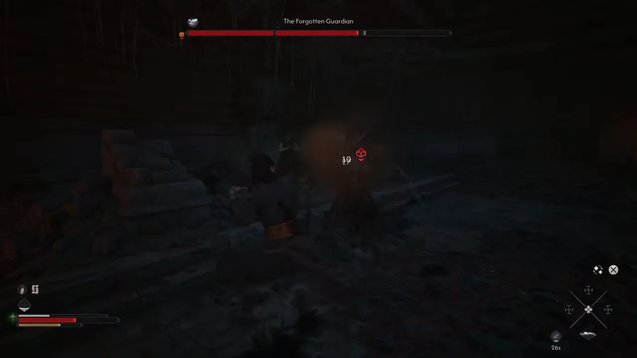 The protagonist striking the Forgotten Guardian for 19 damage in The Blood of Dawnwalker as a red skull hit-marker flashes on the boss