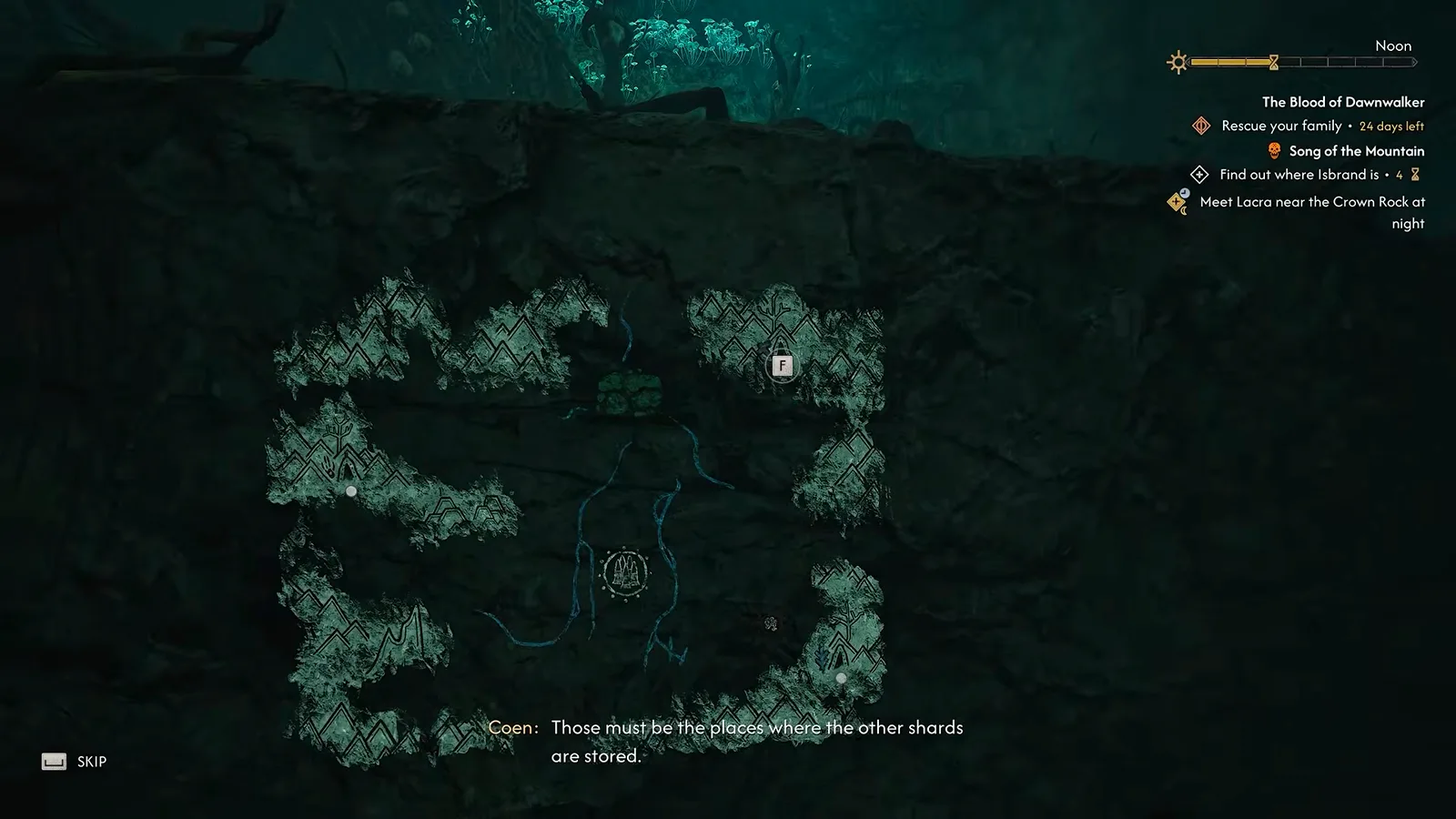 The rock-painting map inside the first Kobold shard cave in The Blood of Dawnwalker, marking where the other Forge It Anew sword shards are hidden
