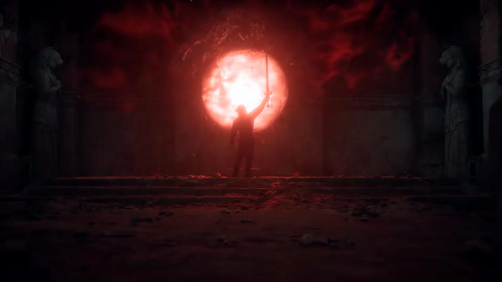 Coen raising a sword before a giant glowing red portal in ancient ruins in The Blood of Dawnwalker