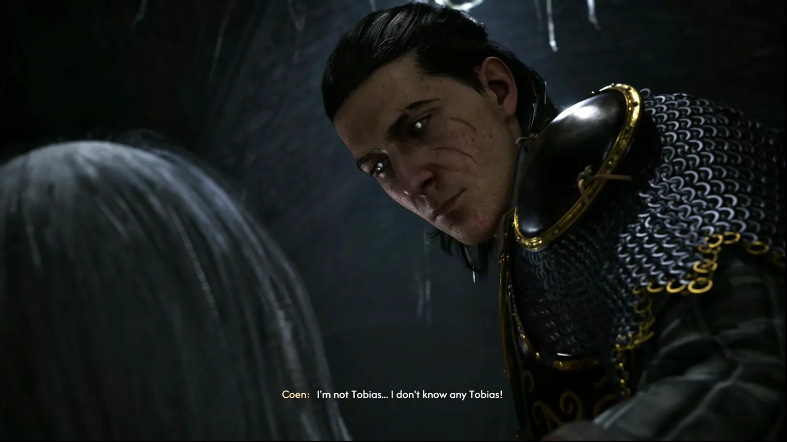 The Blood of Dawnwalker protagonist Coen answering I'm not Tobias I don't know any Tobias in the post-fight cutscene with defeated Mihai in the foreground