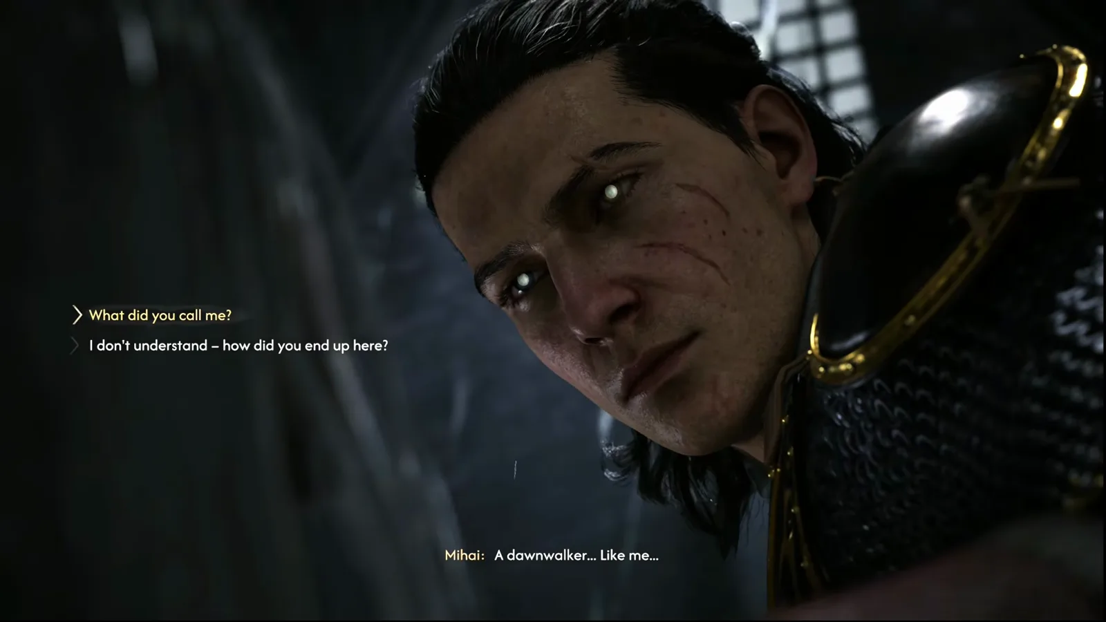 The Blood of Dawnwalker dialogue choice screen showing the options What did you call me and I don't understand how did you end up here over Mihai's subtitle A dawnwalker Like me
