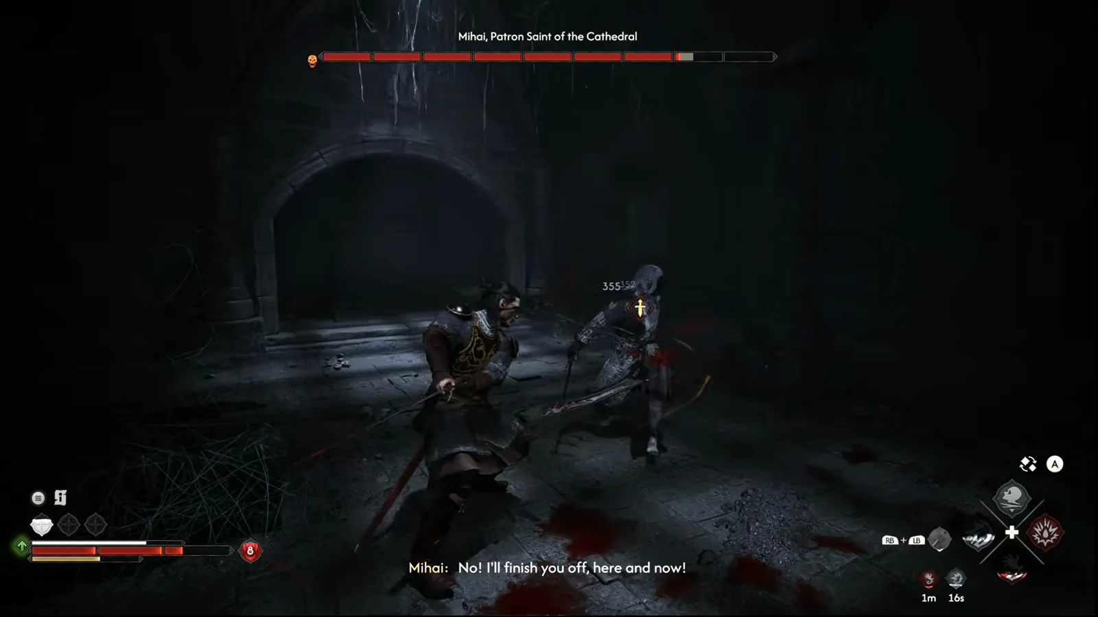The Blood of Dawnwalker Mihai boss fight showing a 355 damage number pop over the boss as Coen punishes his recovery window, with the subtitle No! I'll finish you off, here and now