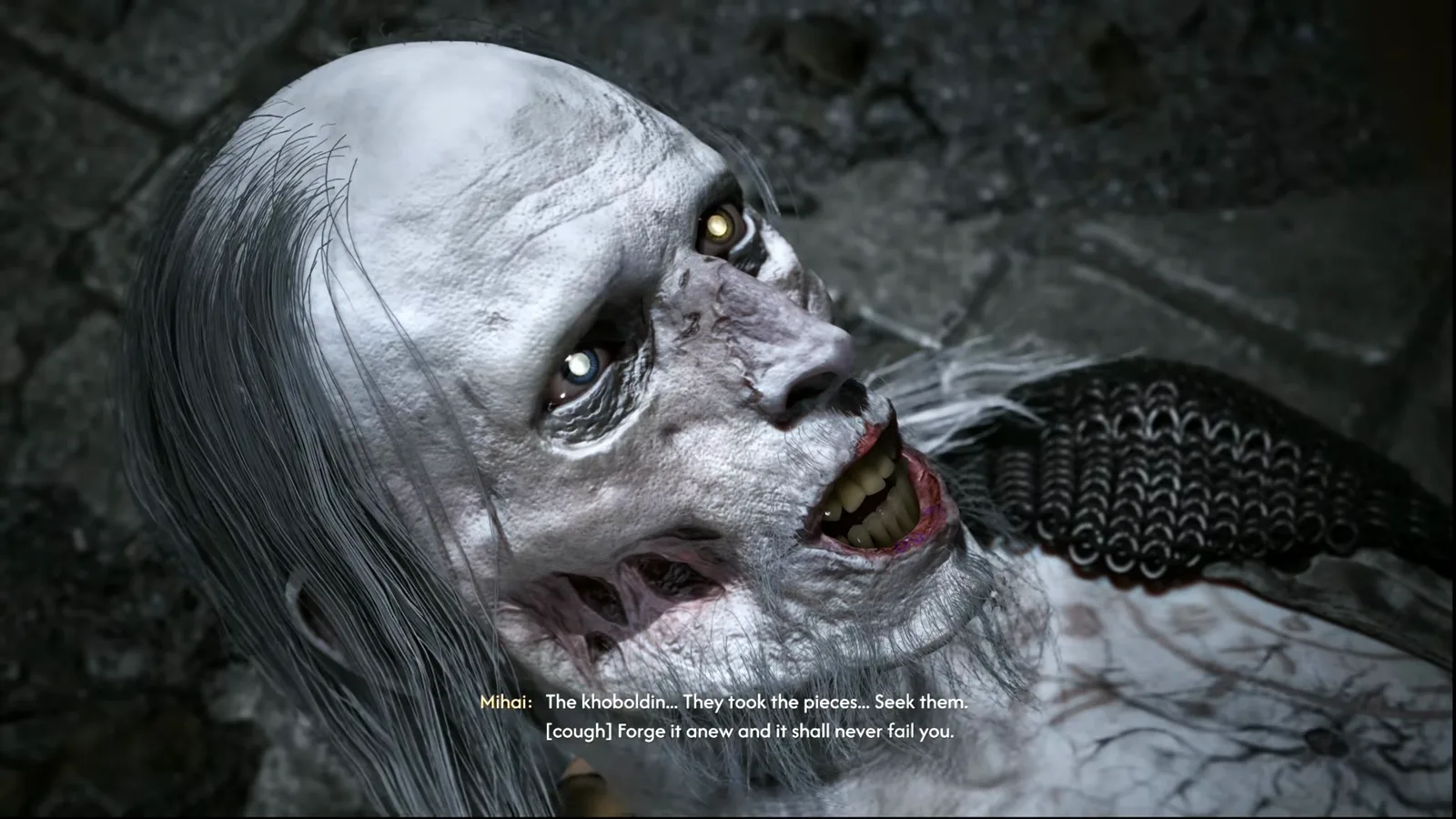 The Blood of Dawnwalker cutscene close-up of dying Mihai with a glowing gold eye and the subtitle The khoboldin they took the pieces seek them forge it anew and it shall never fail you