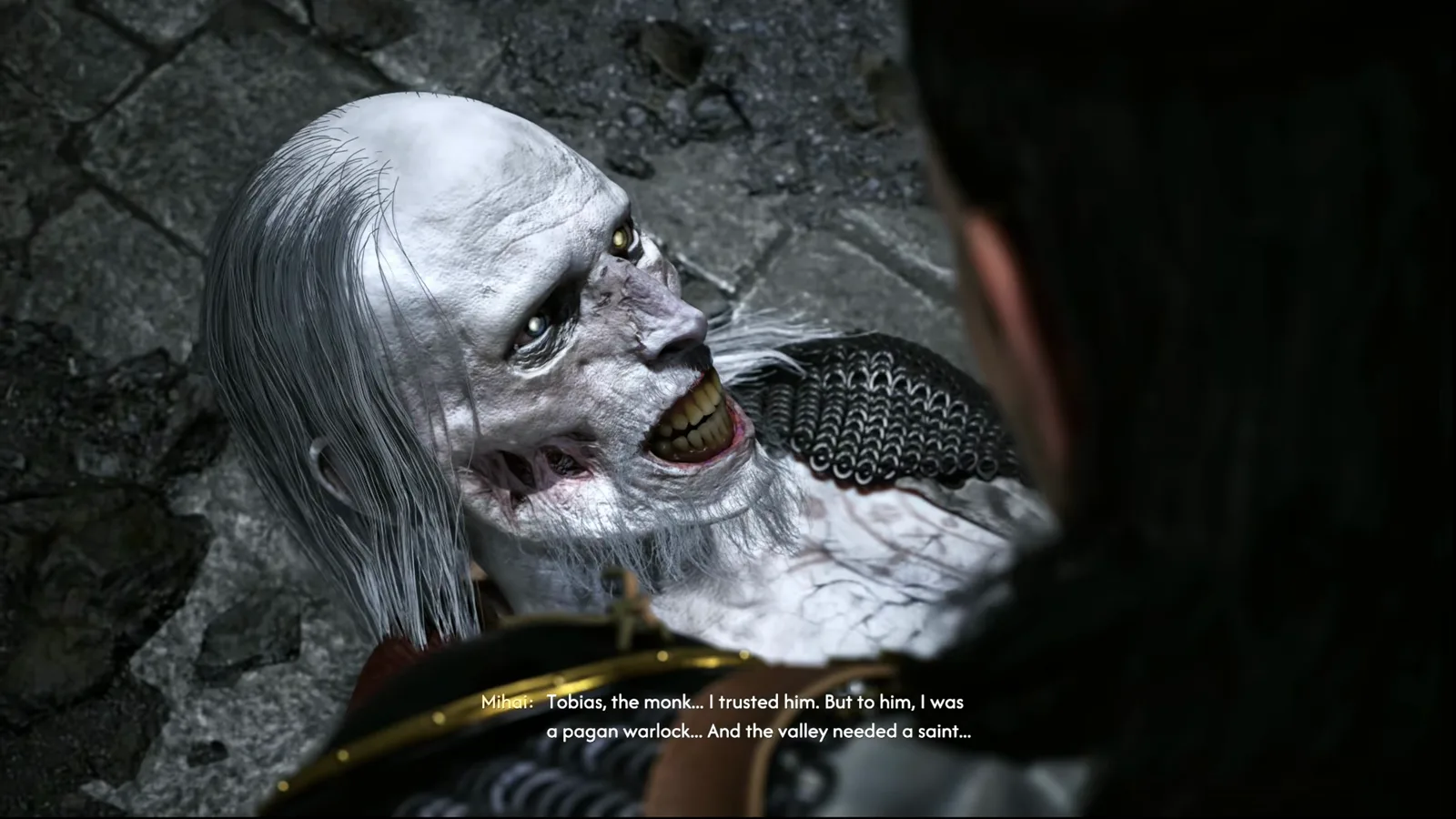The Blood of Dawnwalker cutscene subtitle where Mihai explains Tobias the monk I trusted him but to him I was a pagan warlock and the valley needed a saint