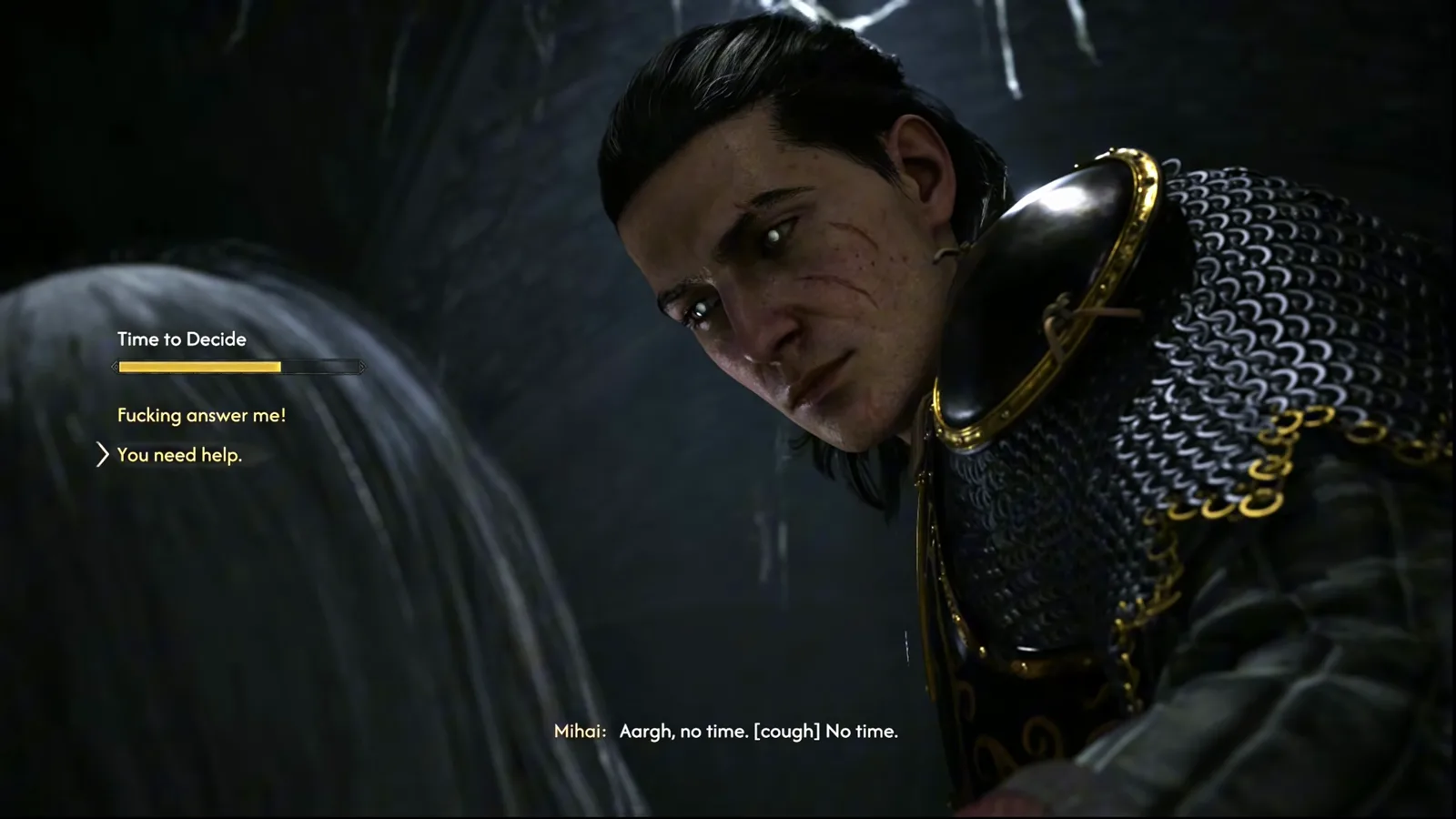 The Blood of Dawnwalker Time to Decide timed dialogue panel with a draining gold timer bar between the options Fucking answer me and You need help