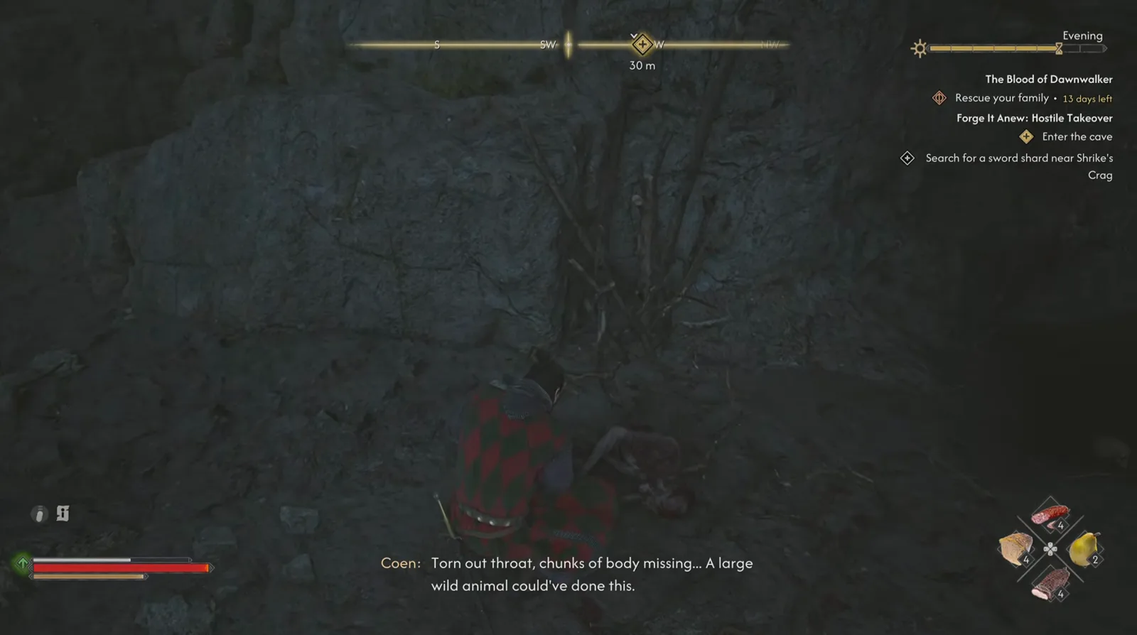 The Blood of Dawnwalker quest tracker showing Forge It Anew Hostile Takeover with the Enter the cave step above a crouched Coen examining a mauled corpse outside the kobold cavern