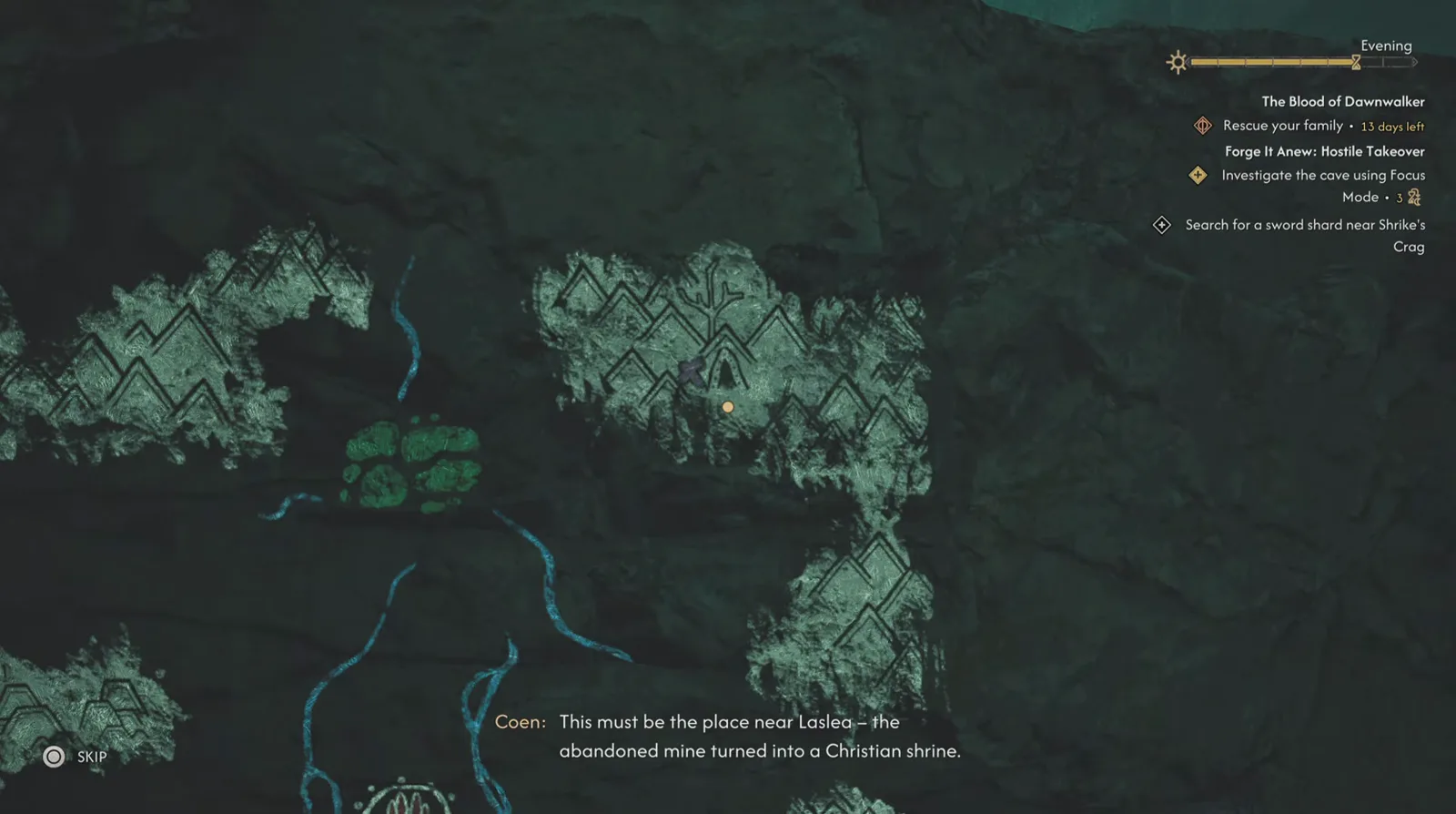The Blood of Dawnwalker Focus Mode cave map of zigzag old mine tunnels above a subtitle where Coen identifies the site as an abandoned mine turned into a Christian shrine near Laslea