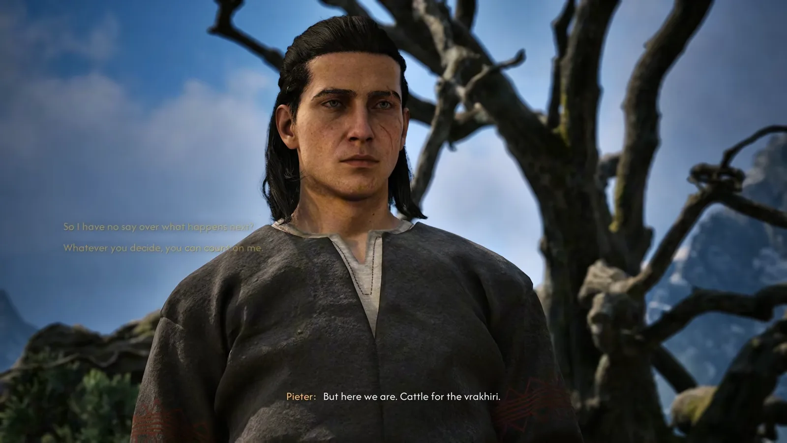 Pieter telling Coen but here we are cattle for the vrakhiri in The Blood of Dawnwalker with two dialogue options fading on the left of the screen