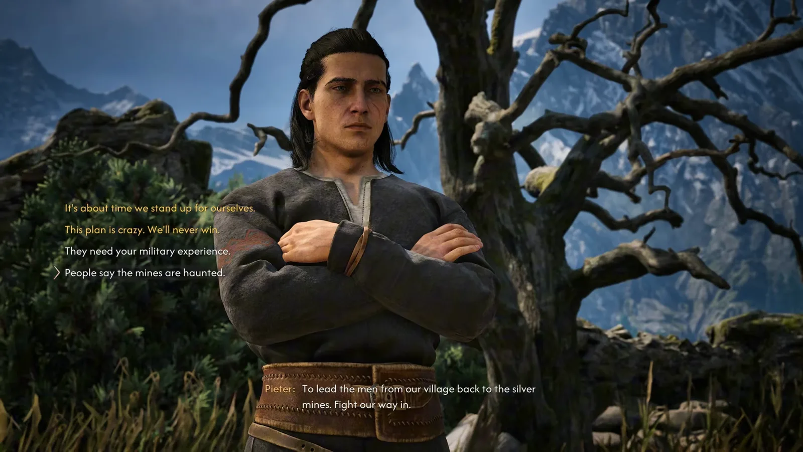Dialogue options in The Blood of Dawnwalker including People say the mines are haunted while Pieter explains he must lead village men back into the silver mines