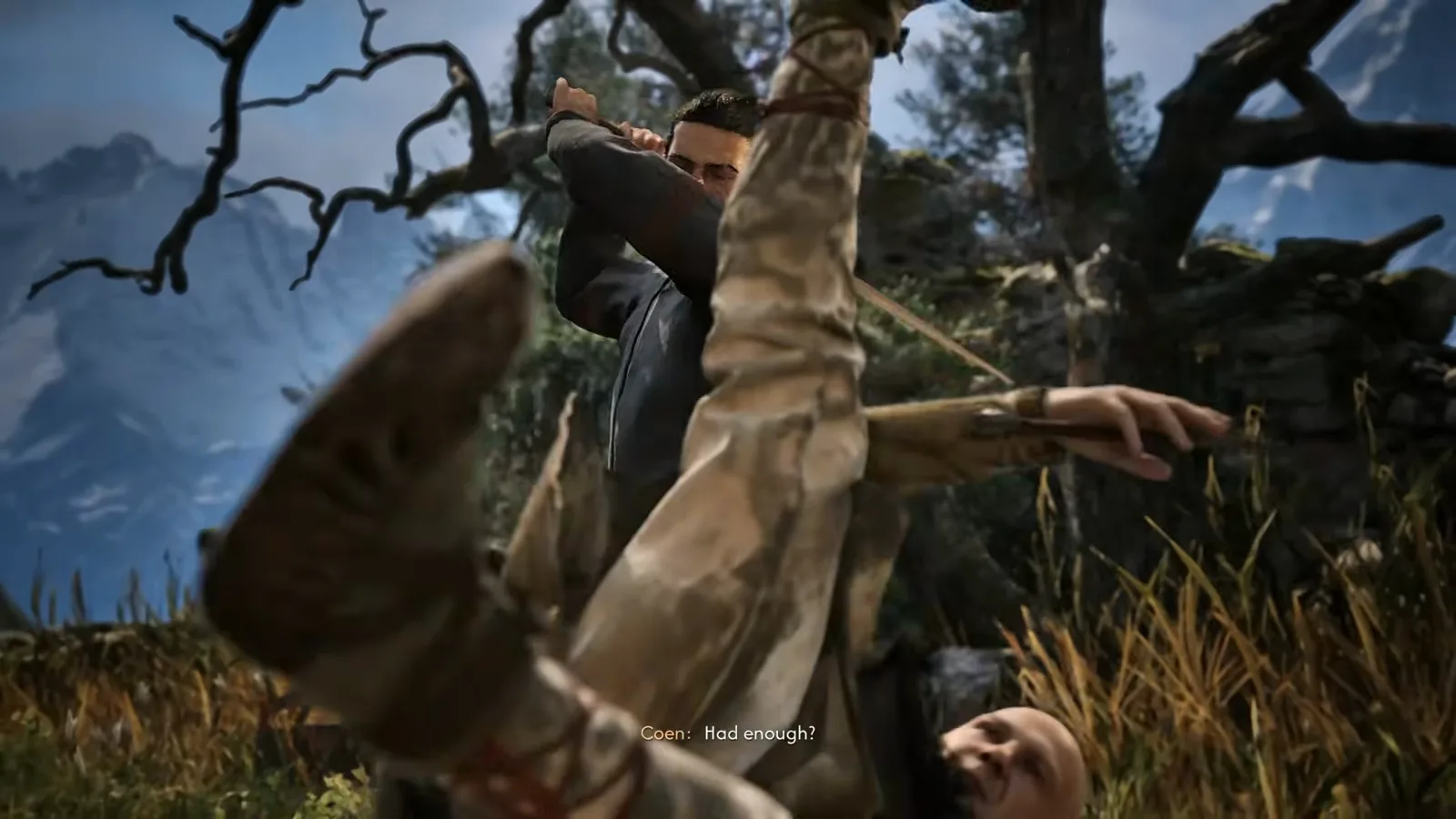 Coen standing over Pieter knocked to the ground at the end of the duel in The Blood of Dawnwalker with the subtitle Coen had enough