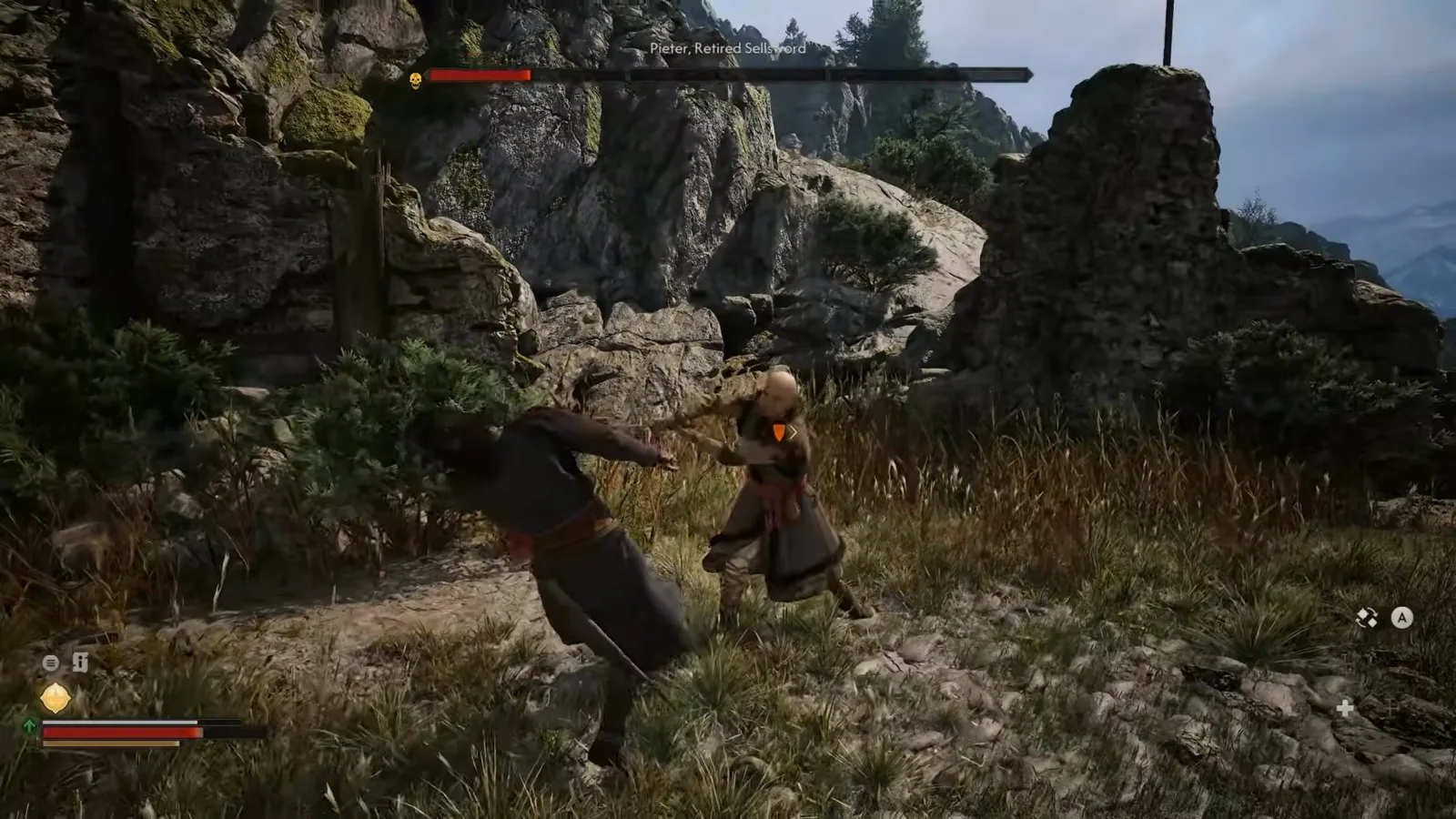 Coen dodging a sword swing from Pieter in The Blood of Dawnwalker while the Pieter Retired Sellsword boss bar sits about half drained at the top of the screen