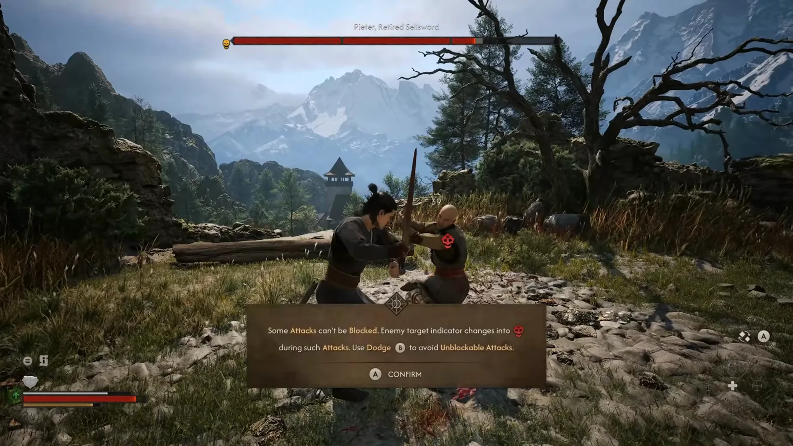 Pieter duel gameplay in The Blood of Dawnwalker showing a 59 damage number on Pieter and the tutorial explaining that skull-marked attacks are unblockable and must be dodged