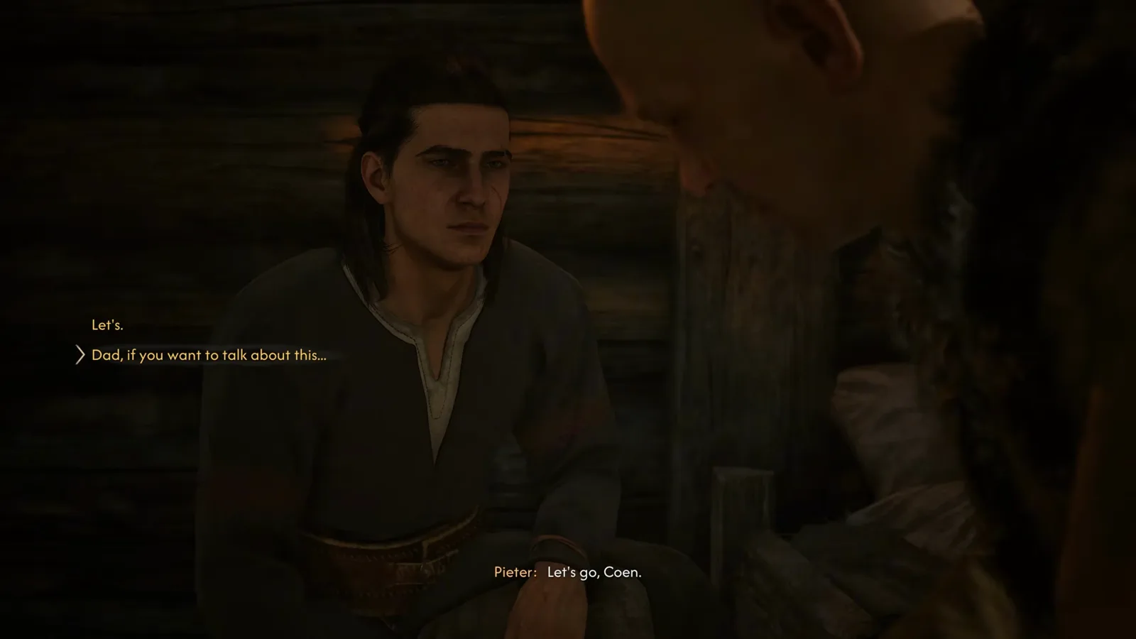 Dialogue choice screen at dawn in The Blood of Dawnwalker where the player picks Dad if you want to talk about this while Pieter says Let's go Coen