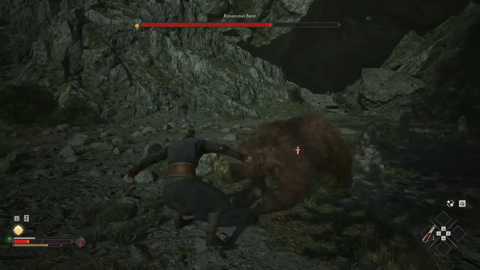 The Ravenous Bear sweeping a low claw attack across the crouching protagonist in The Blood of Dawnwalker's prologue hilltop arena