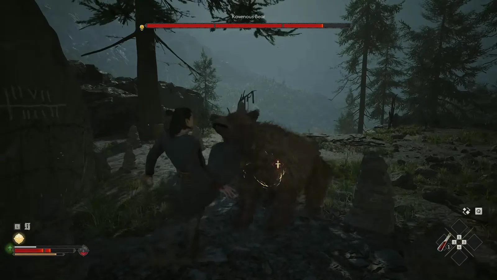 A golden parry spark flaring around the rearing Ravenous Bear in The Blood of Dawnwalker as the protagonist times a block-counter