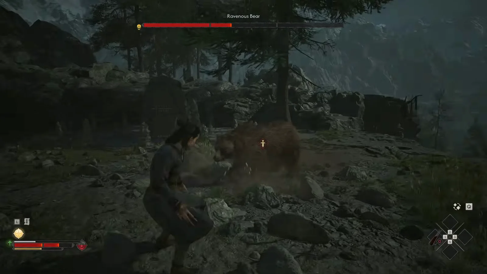 Dust kicking up as the Ravenous Bear lunges past the protagonist in The Blood of Dawnwalker after a successful defensive beat