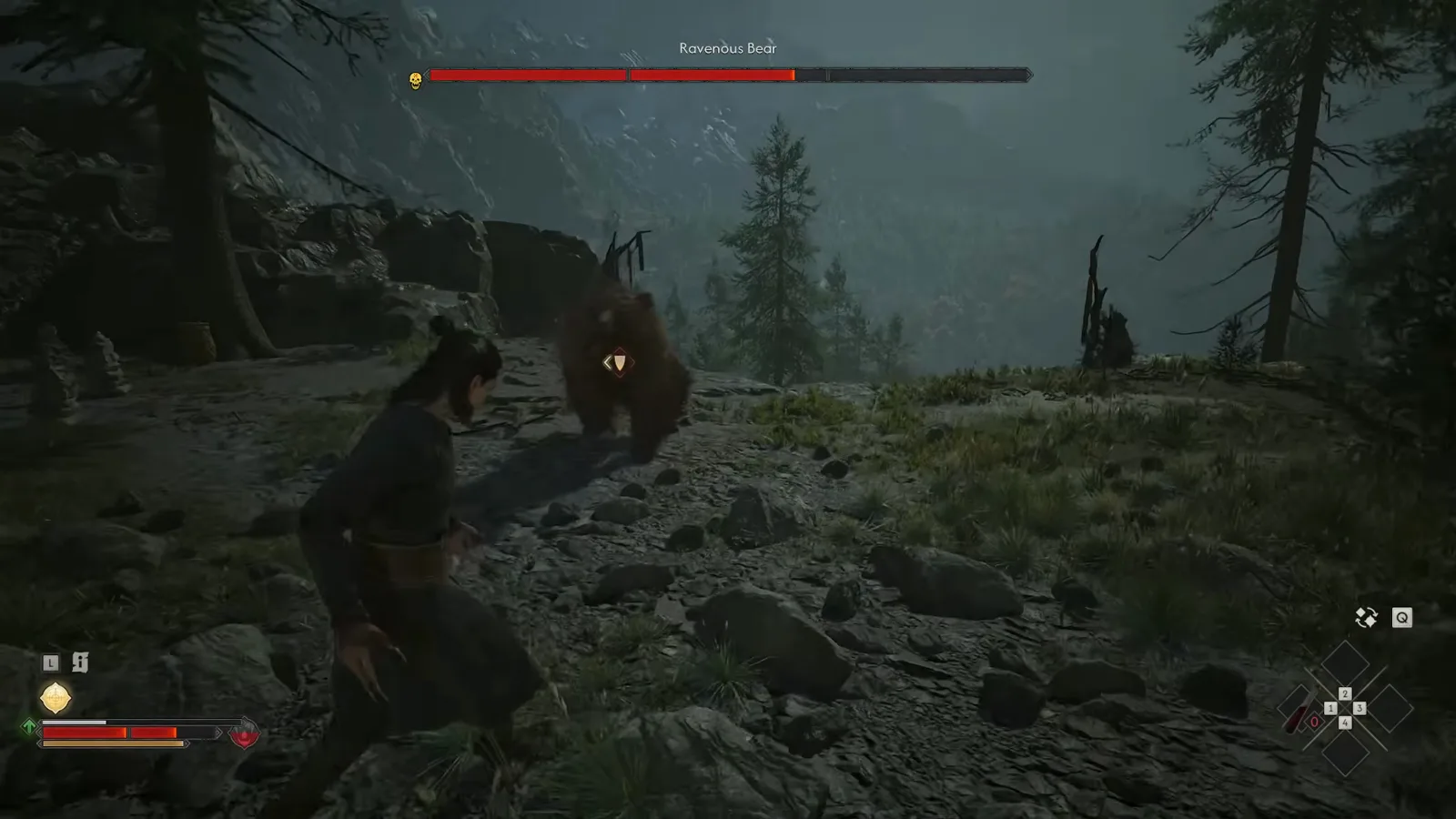 The Ravenous Bear charging head-on at the protagonist on a rocky Carpathian slope in The Blood of Dawnwalker, illustrating when to dodge