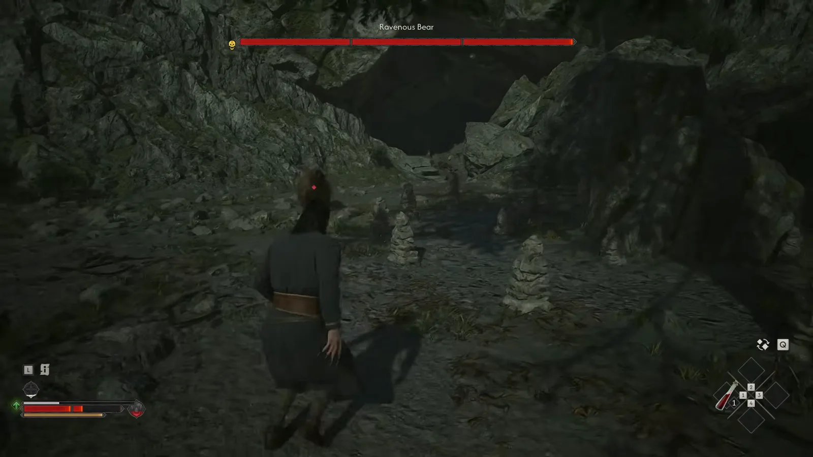 The start of the Ravenous Bear fight in The Blood of Dawnwalker, with the three-segment bear health bar and a skull marker as the protagonist approaches the rocky den