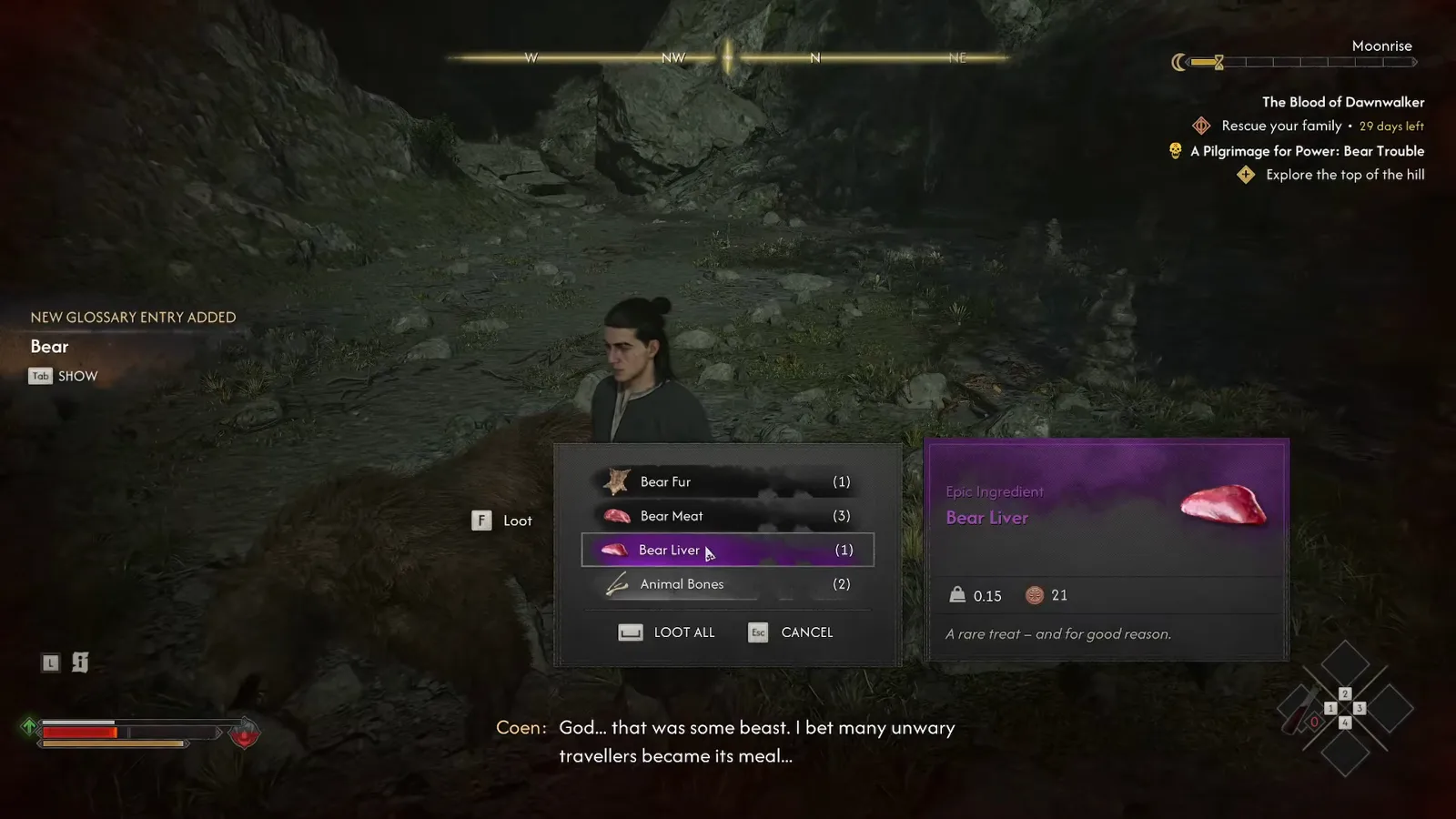 The Ravenous Bear loot menu in The Blood of Dawnwalker highlighting the Epic Ingredient Bear Liver alongside Bear Fur, Bear Meat and Animal Bones