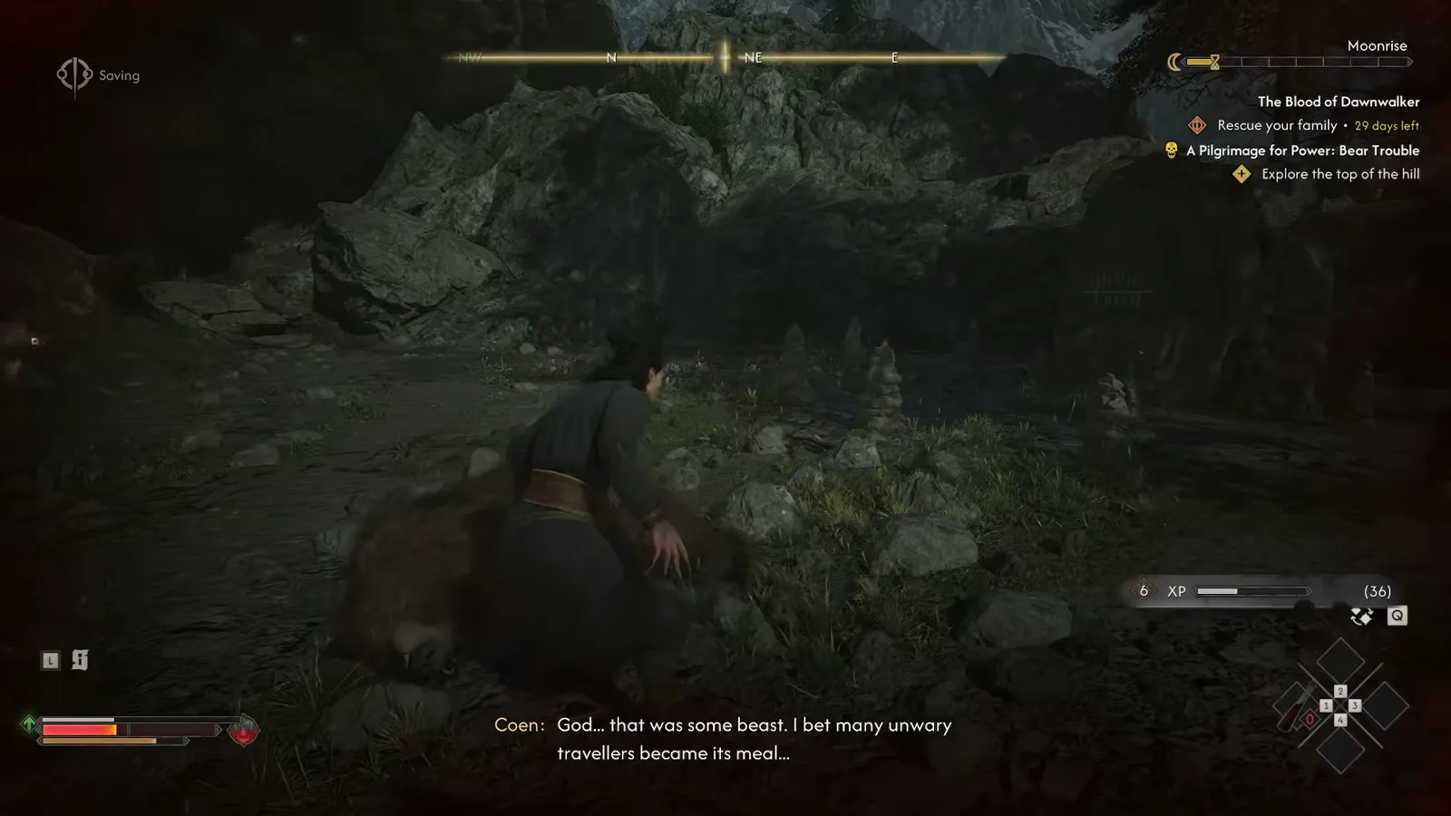 The protagonist kneeling over the slain Ravenous Bear in The Blood of Dawnwalker with the line 'God... that was some beast' and the 'Bear Trouble' objective on the tracker