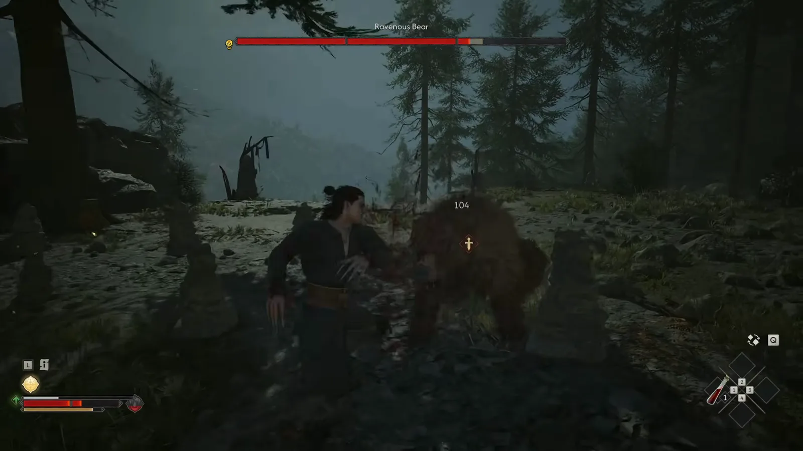 The protagonist landing a 104-damage hit on the Ravenous Bear in The Blood of Dawnwalker during a free punish window after a block