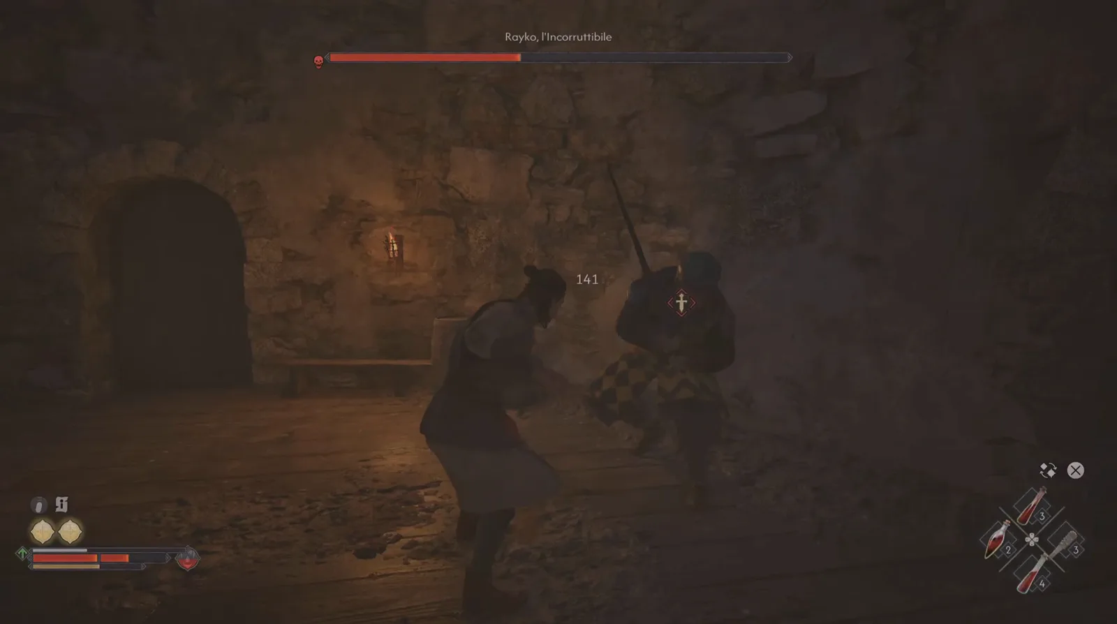 A white 141 damage number floating over Rayko's chest as he raises his long weapon high overhead in the Stoneward Post cellar of The Blood of Dawnwalker