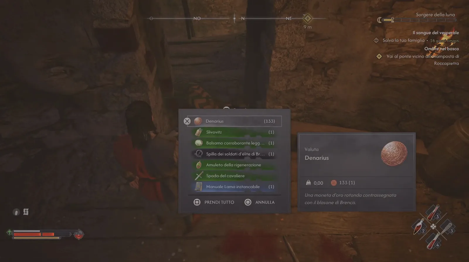 The loot panel opened over Rayko's body in The Blood of Dawnwalker listing Denarius, Slivovitz, an elite soldier fibula, a regeneration amulet, a knight's sword and a blade manual with Prendi tutto and Annulla buttons