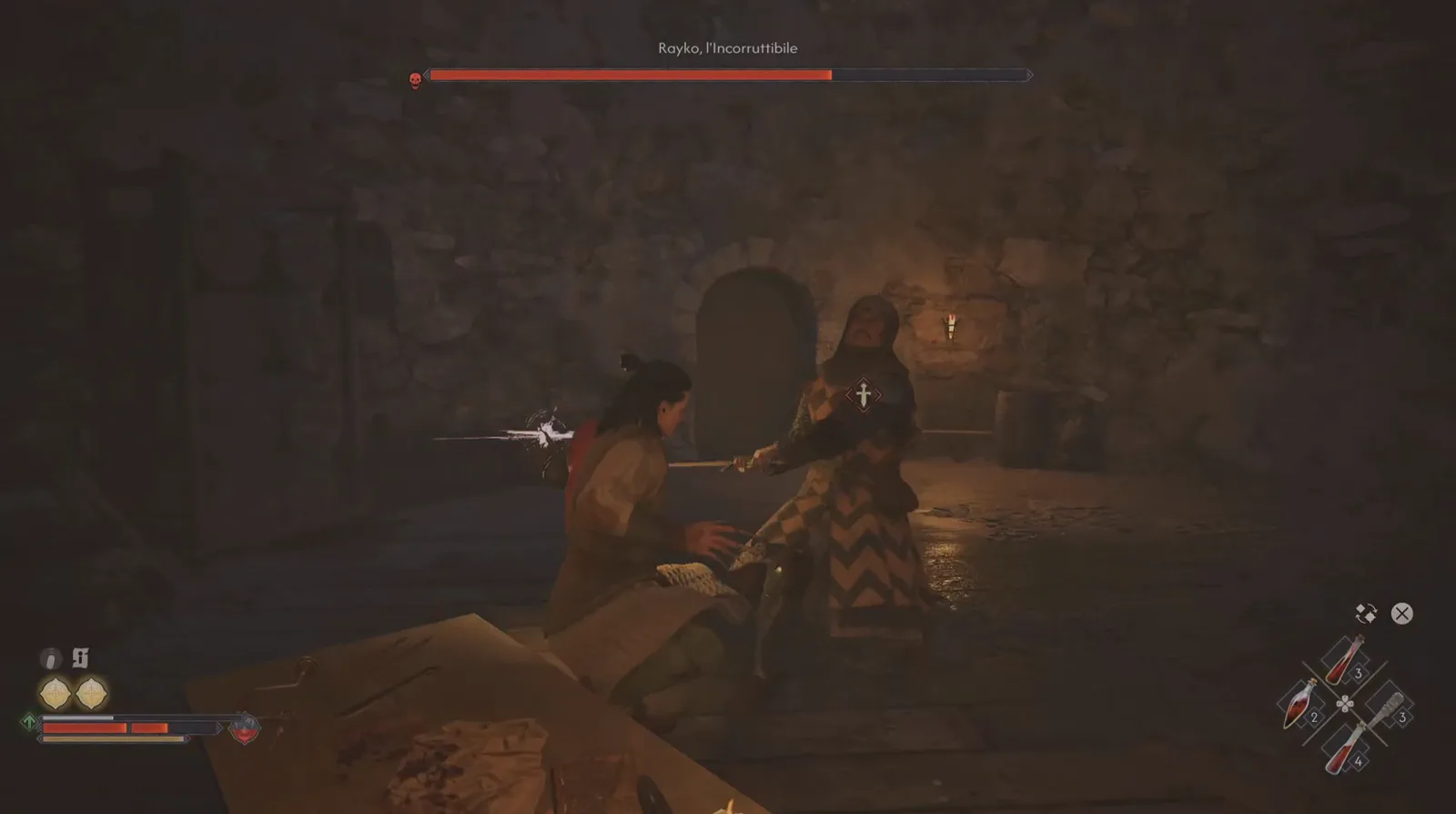 Coen thrusting a sword with a bright blade glint at Rayko in front of an arched doorway and lit wall lantern, with The Blood of Dawnwalker boss bar showing a small unfilled notch at its right end