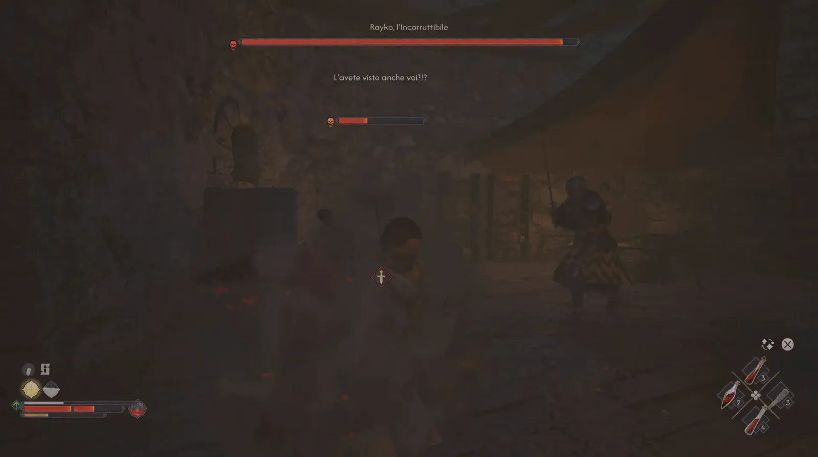 A subtitle line reading L'avete visto anche voi above a second short skull-marked enemy bar beneath Rayko's full boss bar in The Blood of Dawnwalker