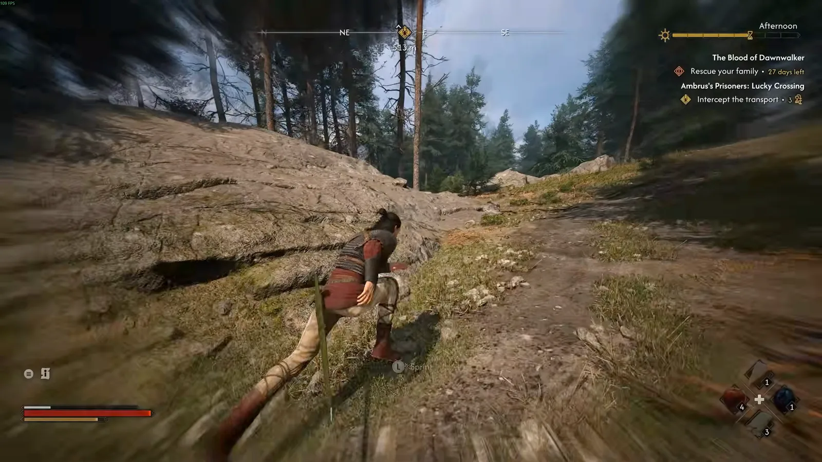 Coen sprinting up a hill trail with motion blur from the Rush witchcraft spell in The Blood of Dawnwalker