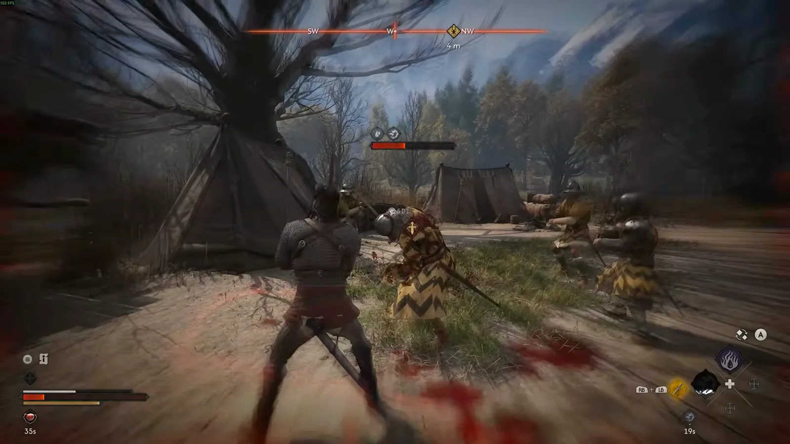 The Blood of Dawnwalker daytime sword combat against bandits at a camp