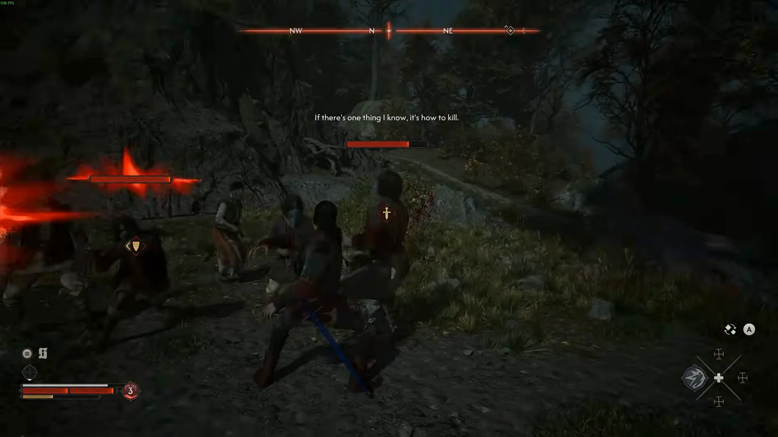 Night combat in The Blood of Dawnwalker with a group of enemies glowing red in vampire vision