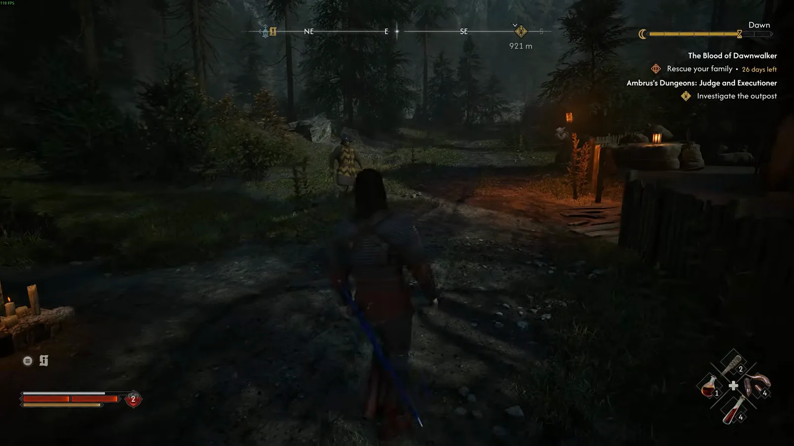 Night-time HUD in The Blood of Dawnwalker showing the phase bar at top right and the quest tracker reading Rescue your family, 26 days left