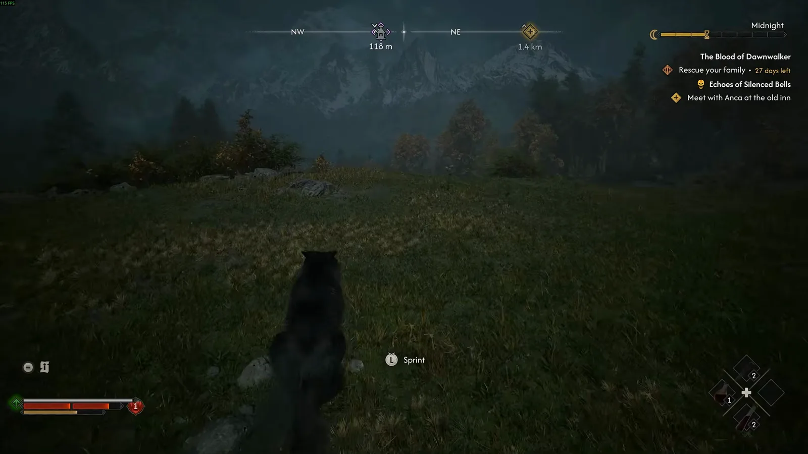 The Blood of Dawnwalker wolf transformation running across an open field at night with the sprint prompt on screen
