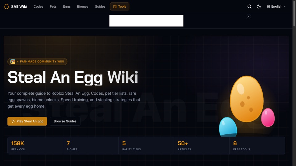Screenshot of the Steal an Egg Wiki homepage